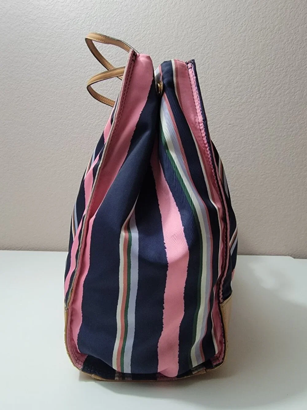Tory Burch Ella Tote Navy Pink Stripe Nylon Large Shoulder Bag Leather Trim